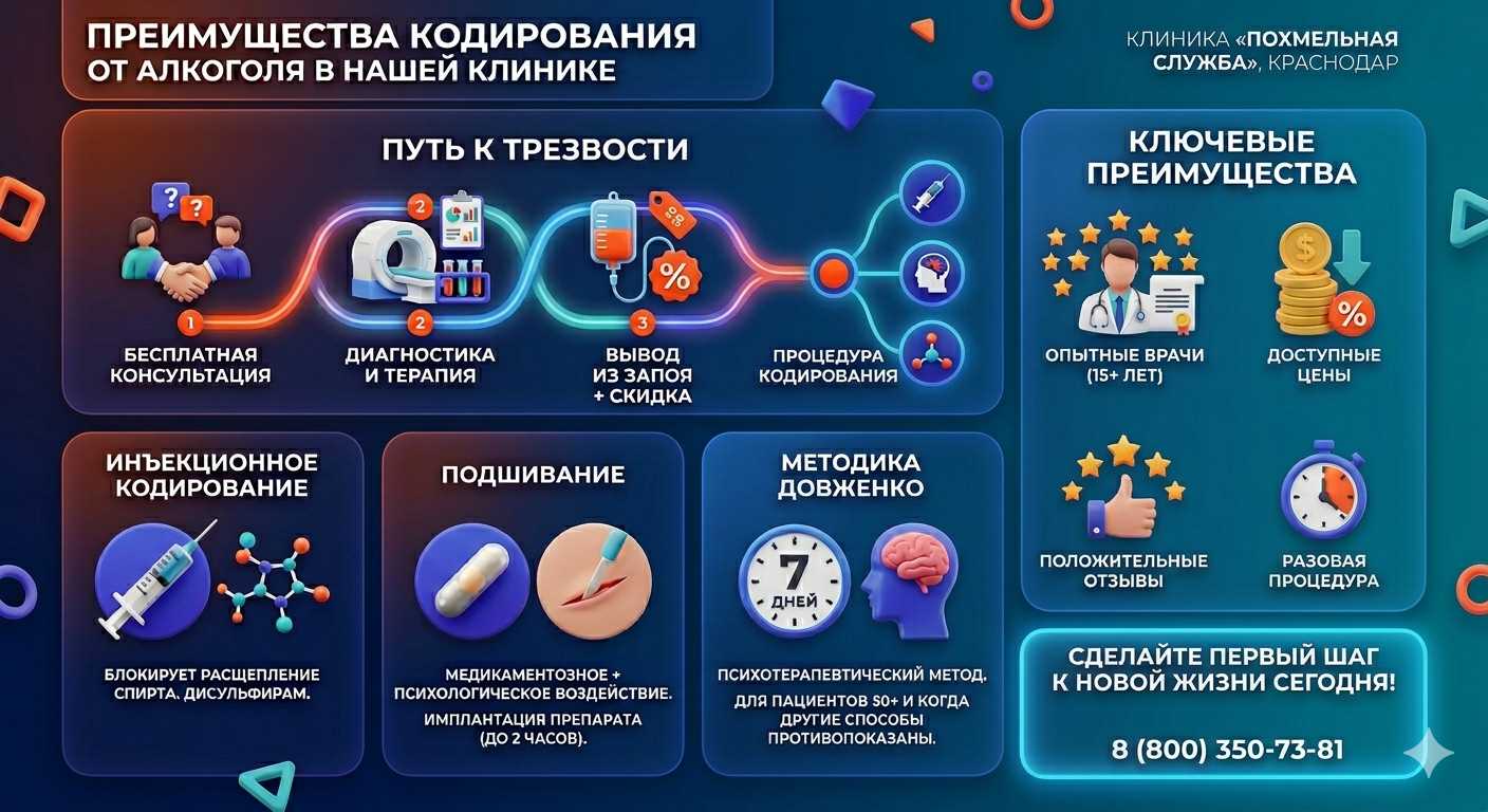 Инфографика о методах кодирования от алкоголя в Чердаклах: инъекции, подшивание, метод Довженко. Преимущества клиники и этапы лечения.